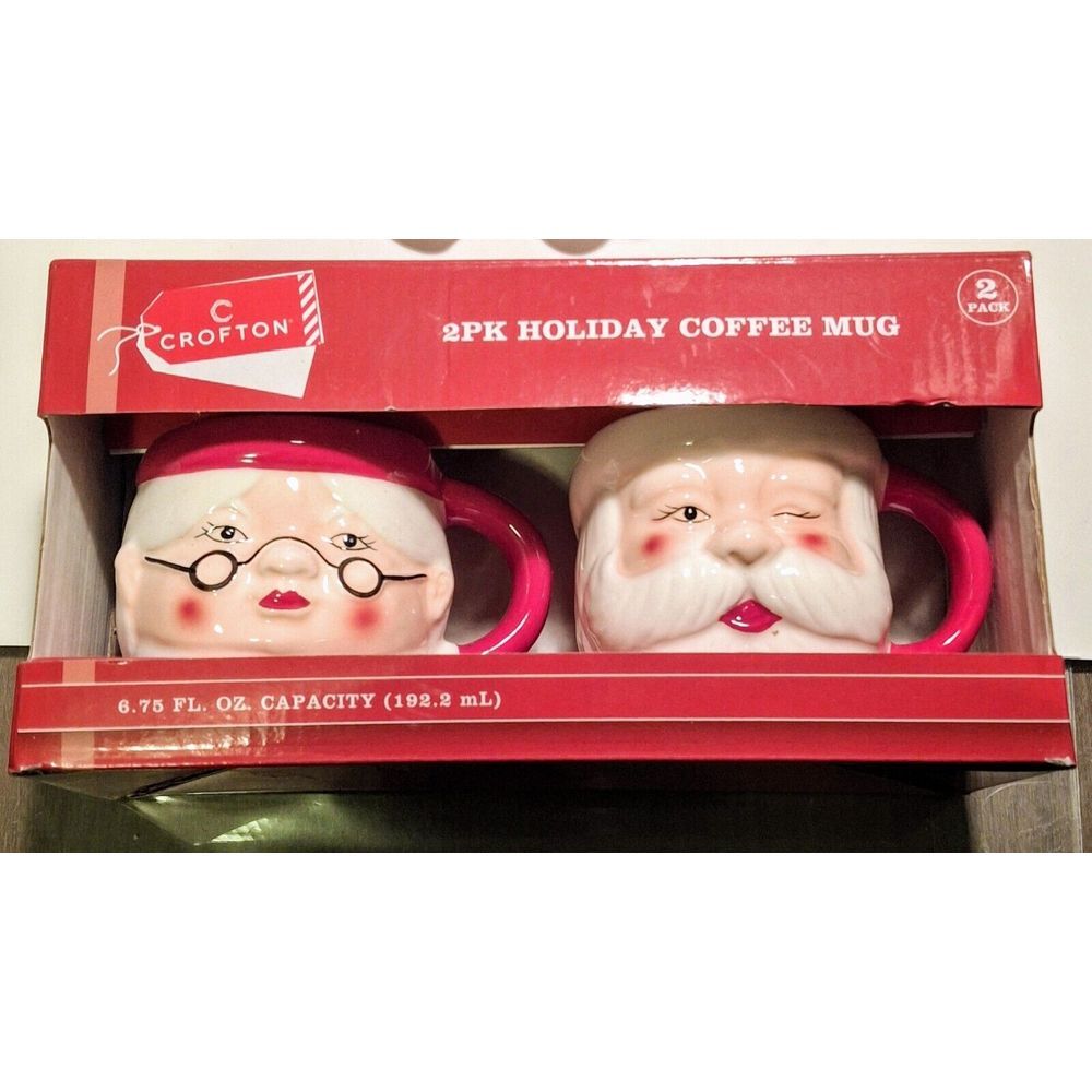Crofton 2 Pack Christmas Holiday Coffee Mug Winking Santa Mrs Claus Face Ceramic